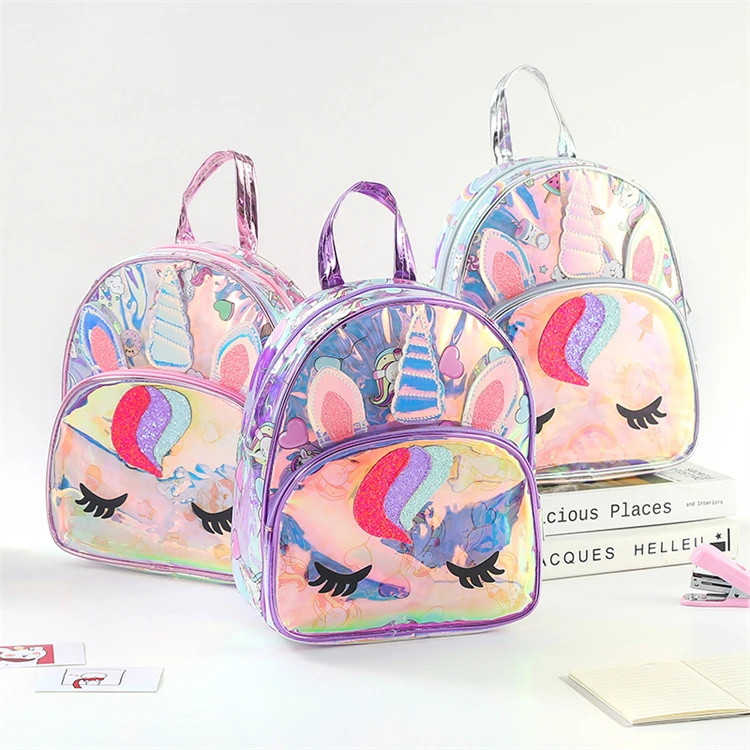 

Autumn new fashion hot unicorn holographic transparent backpack Colorful Clear PU kids Mini Backpack for girls School bags, Customized color