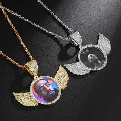 

Simple New Bling Iced Out cz gold love heart angle wing shaped sublimation photo Medal Medallions frame pendant locket necklace, Colors