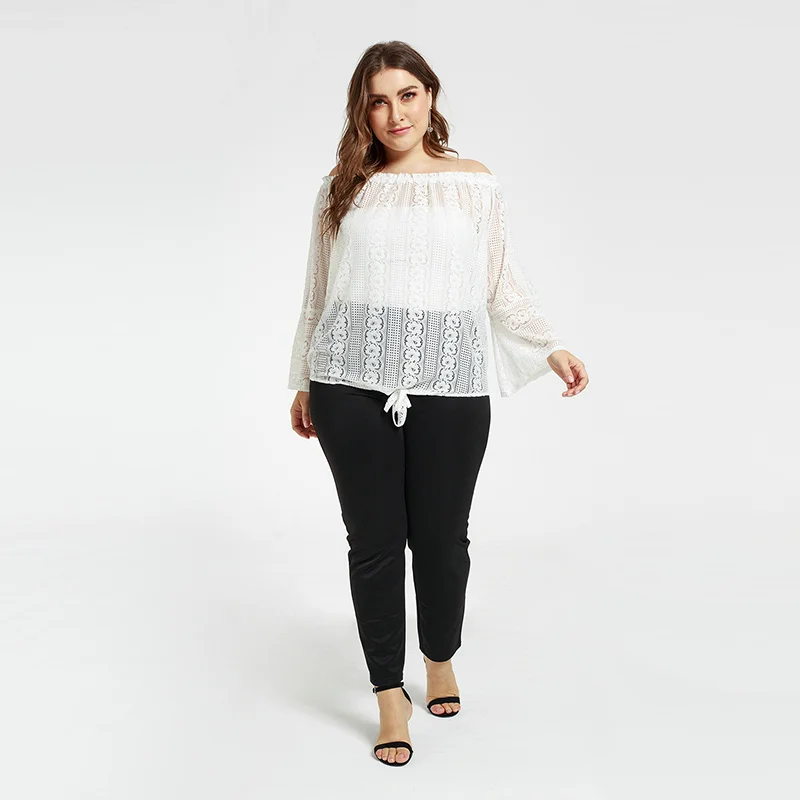 

2022 Europe and America Spring Plus Size Mesh One Shoulder Lace Sexy Hollow Long Sleeve Top, White