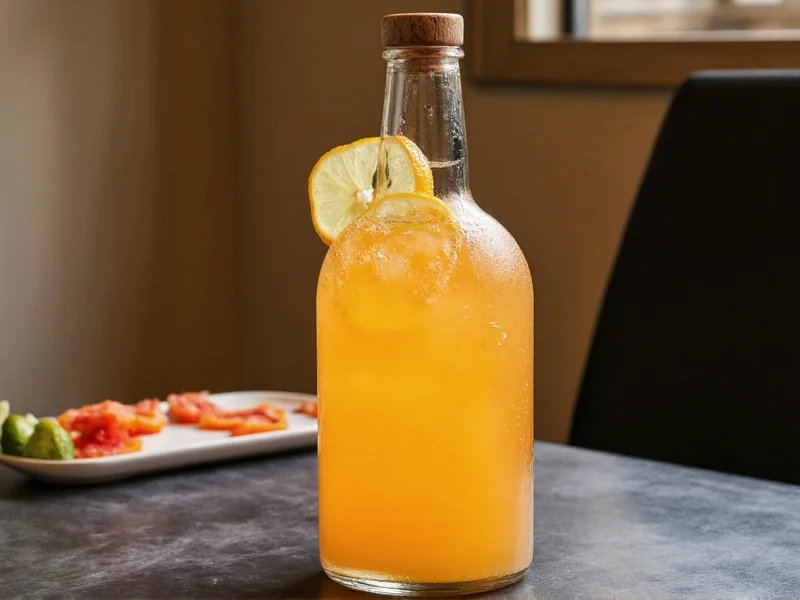 Homemade sour mix in glass bottle with citrus garnish