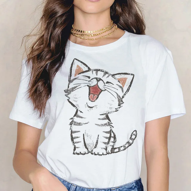 custom women cute cat printed ladies top t shirts