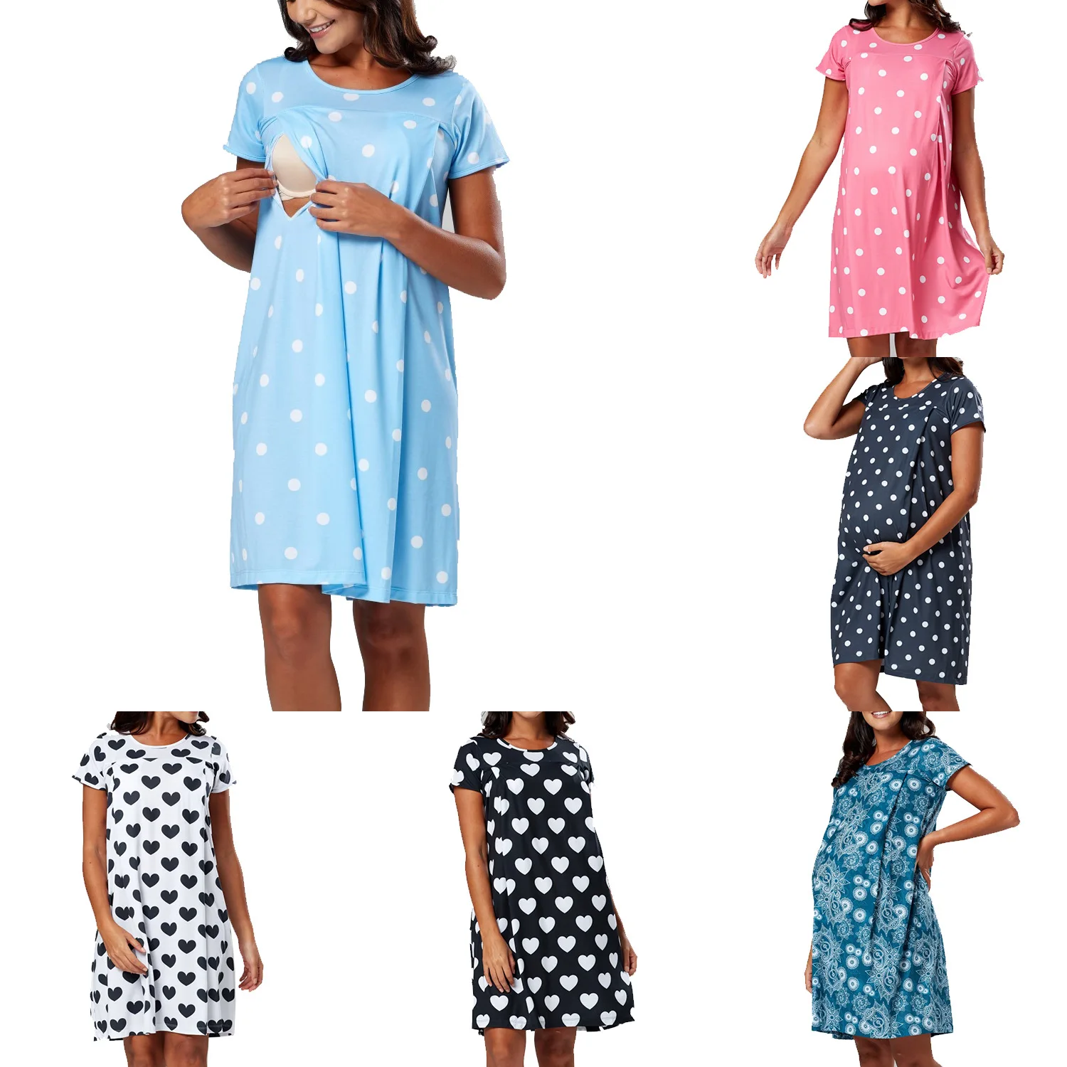 

Wave Dot Printed Maternity Dress Childbirth Hospital Dress Short Sleeve Hidden Opening on Both Sides Lactation Dress