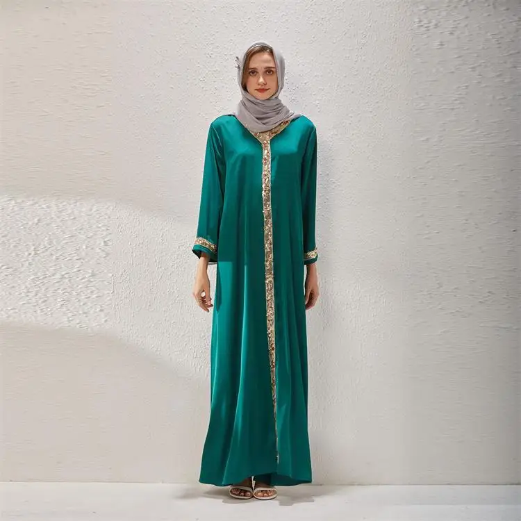 

2022 latest Islamic Dress for women Plus size Muslim Kimono with sequins contrast color islamic dress wholesale, Green