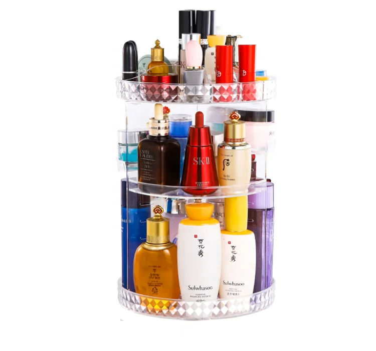 

360 Rotating Adjustable Cosmetic Storage Display Holder Transparent PS Makeup Organizer Rack, Clear