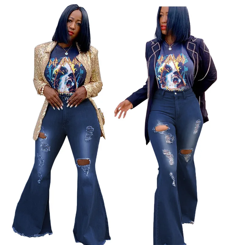 

3XL plus size European and American fashion versatile wide leg broken denim stretch flared pants hole women jeans bottoms, Shown