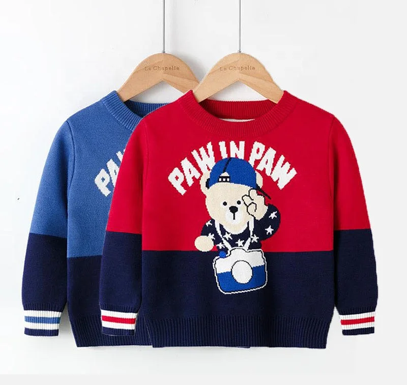 

New winter European and American children's knitted pullover cartoon baby boy bear pattern sweater for kid clothes 2-7year old