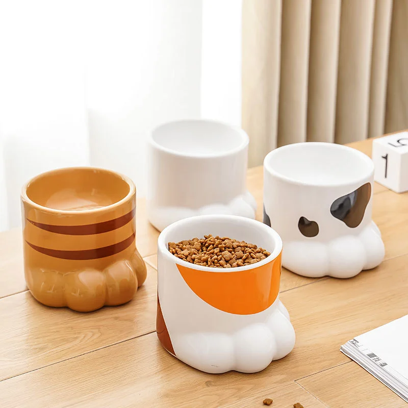 

Cute Design Elevated Pet Claw Shape Ceramics Cat Dog Bowl Water Feeder Protect Cervical Spine, Mottling,pure white,garfield,orange cat