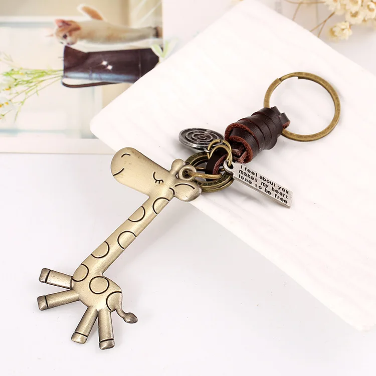 

2023 Retro Black Brown Genuine Leather metal giraffe key chain For Men