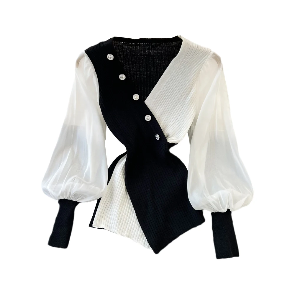 Wholesale 2026 Autumn Contrast Temperament V-neck Cross Breasted Slim Fit Lantern Long Sleeve Women's Shirts
