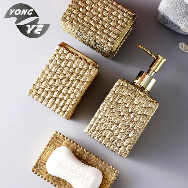 

European wholesale luxury bathroom accessory set hotel customized handmade plating ceramic piece bathroom accessory set, Gold