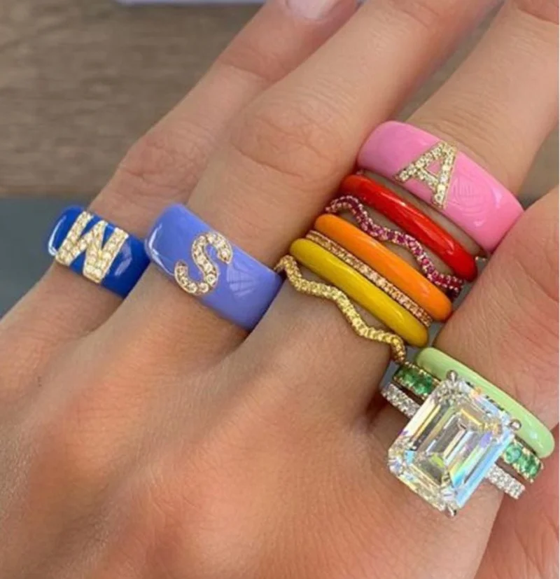 

Personality Inital rings 26 Alphabet sets finger ring women gold color women fashion purple DIY Letter A-Z band wedding jewelry