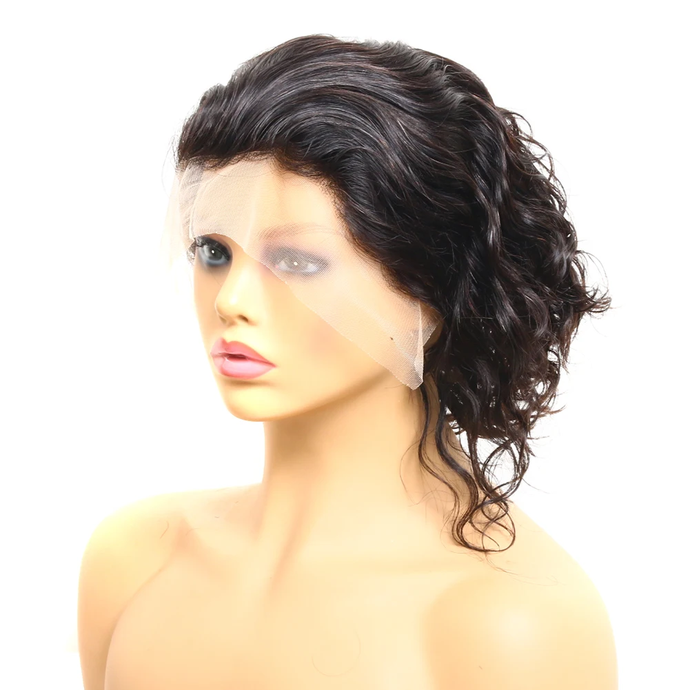

Short Water Wave 6'' 13x4 Front Lace Bob Wig Pixie Cut 100% Human Hair with Baby Hair, Natural color