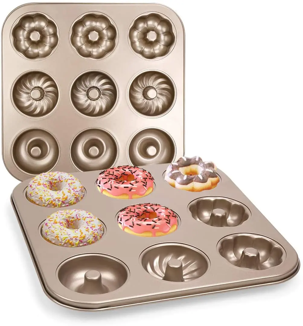 

Home Restaurant Carbon Steel Non-Stick Gold Color 9 Cavity Donut Baking Pan for Cupcake Cake Biscuit Baking Tray Mold, Black or gold