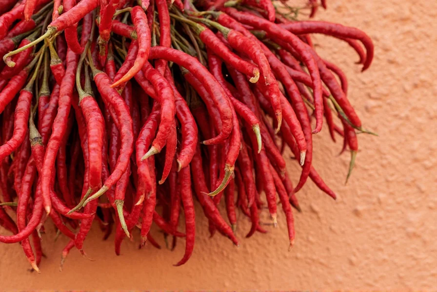 Close-up photography of dried red chile peppers hanging in traditional ristra arrangement against adobe wall
