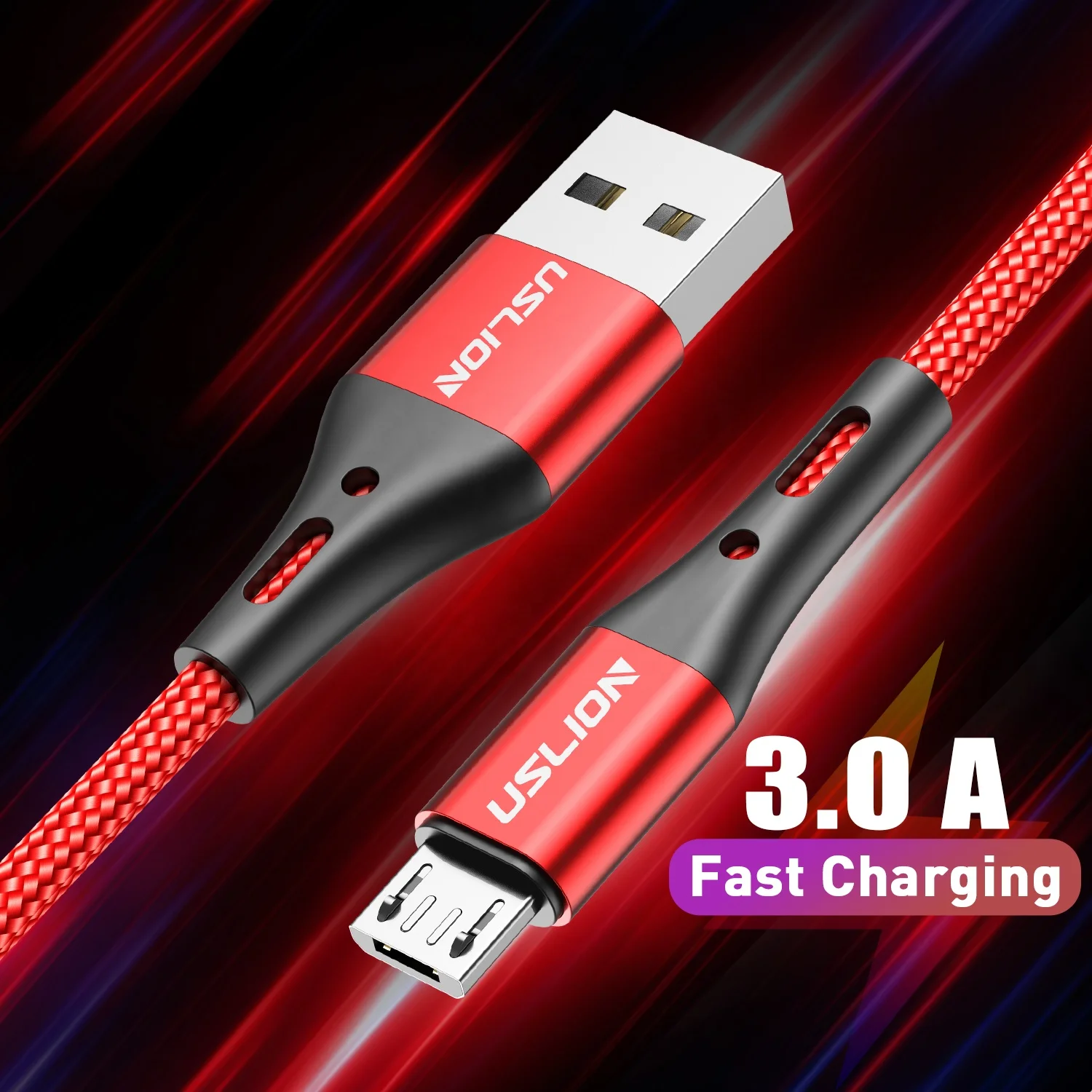 

USLION 1M Battery Protection Colourful USB3.0 Android Cable Fast Charging Cable Data Transmission Nylon Braided Wire, Black/red/blue/purple