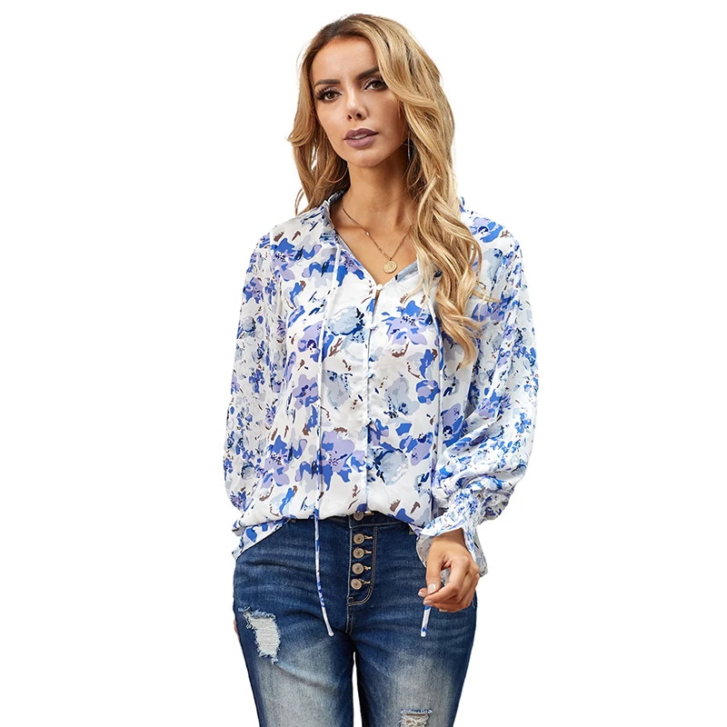 

High Quality Long Sleeve Elegant Drawstring Shirt Women Buttoned Floral Blouse