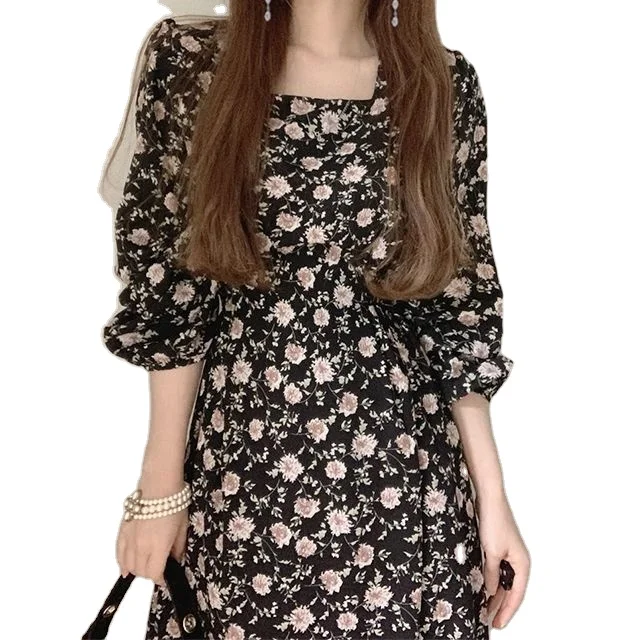 

Spring Square Collar Waist Slimming Mid-length Floral Long-sleeved Summer Dress, Picture color