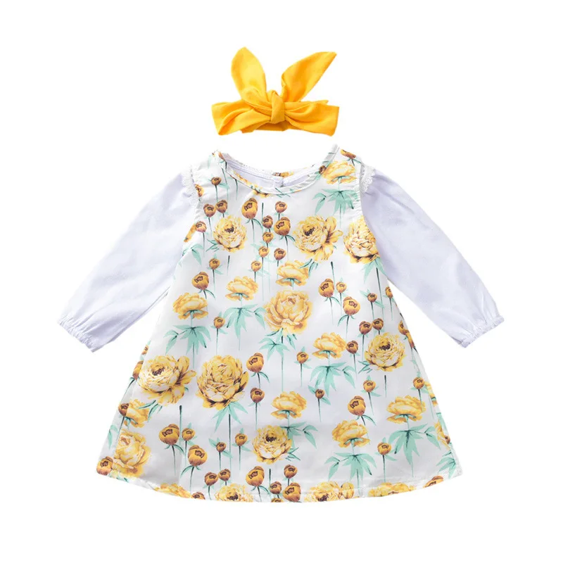 

wholesale Spring 2021 new girls' long sleeve +skirt ladies round collar lace skirt set children's dress two-piece+ headband