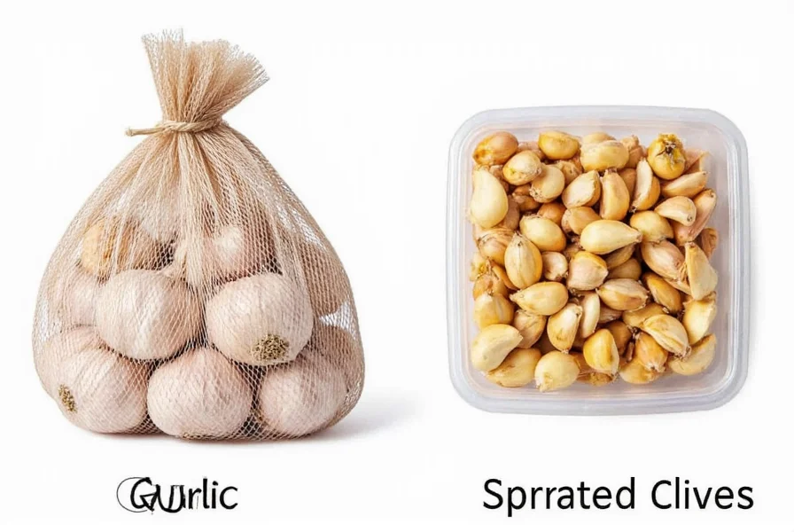 Proper garlic storage methods showing whole bulbs in mesh bag versus separated cloves in container