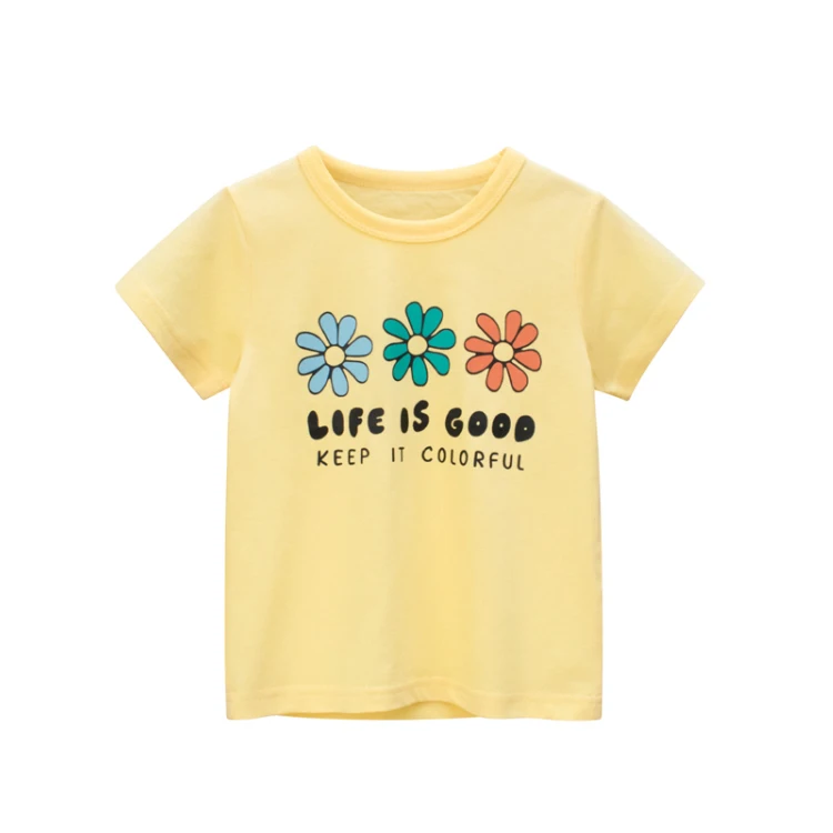 

2022 New Girl's 100% Cotton Short Sleeves T-Shirt For Summer Yellow Printed Flowers T Shirt for Baby Girl 2-7Y