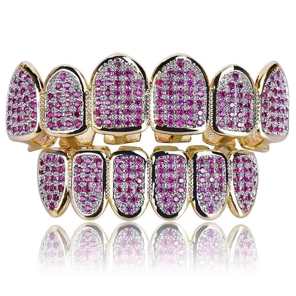 

Fashion Gold Plated Halloween CZ Teeth Grillz With Purple CZ stones