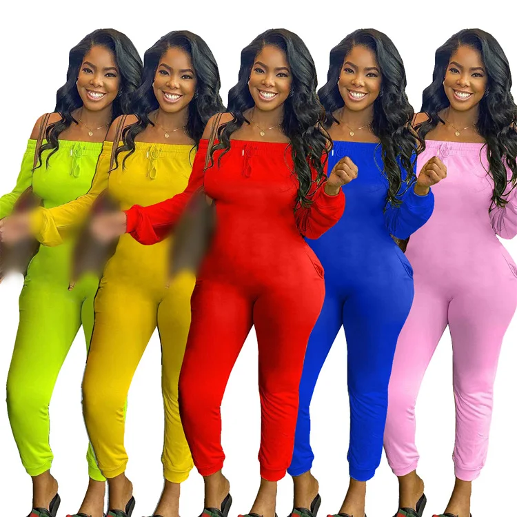 

2021 Fall Women Clothing Solid Casual Off Shoulder Long Sleeve Boat Neck Romper Custom Logo One Piece Bodycon Sexy Jumpsuits, Fluorescent green,blue,pink,yellow,red