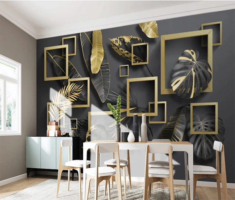 
Nordic modern golden leaves sticker wallpaper tropical plants 3d geometric luxury self-adhesive wallpaper 