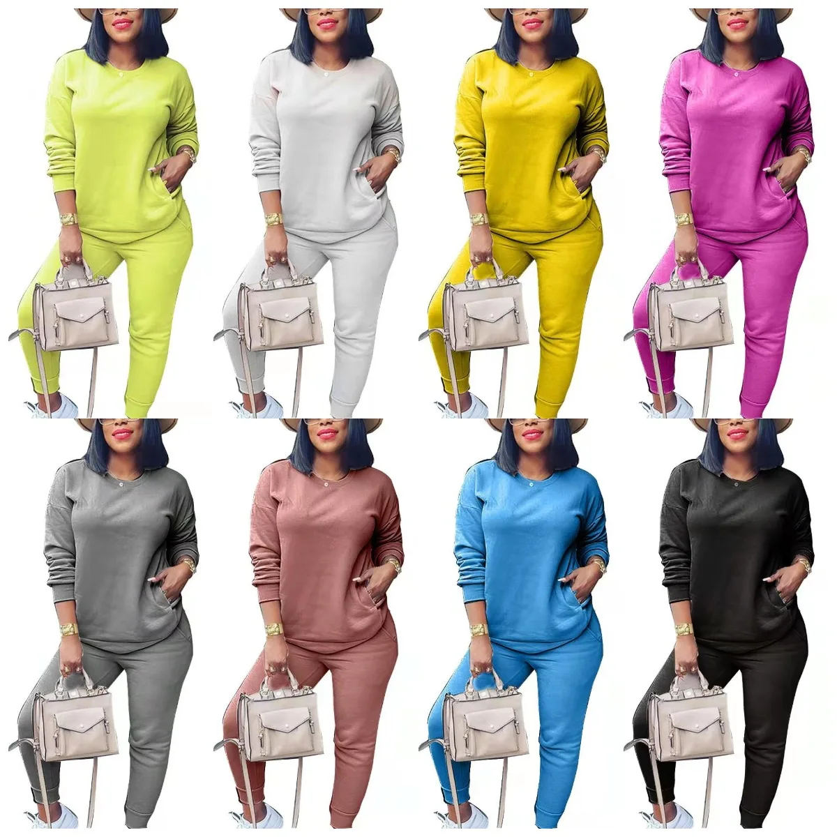

New Fashion Fall Winter 2 Piece Sweatsuit Set Women Casual Long Sleeve Cotton Gym Clothing Set, Picture color