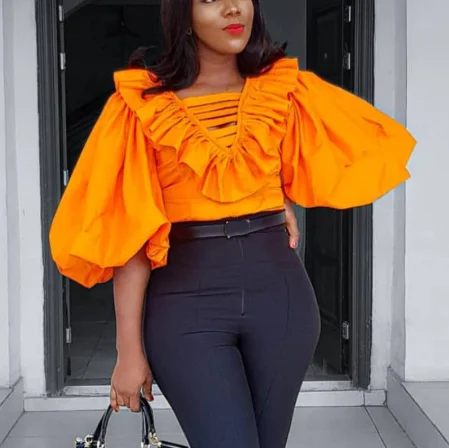 

Women's Lantern Sleeve V-neck Lotus Leaf Hollow Office Shirt Top, Orange