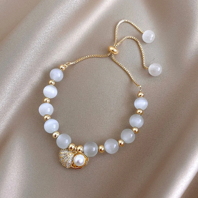 

New Creative 18K Gold Plated Opal Bead Chain Bracelet Adjustable CZ Zircon White Opal Shell Charm Bracelet for Women, As pic.