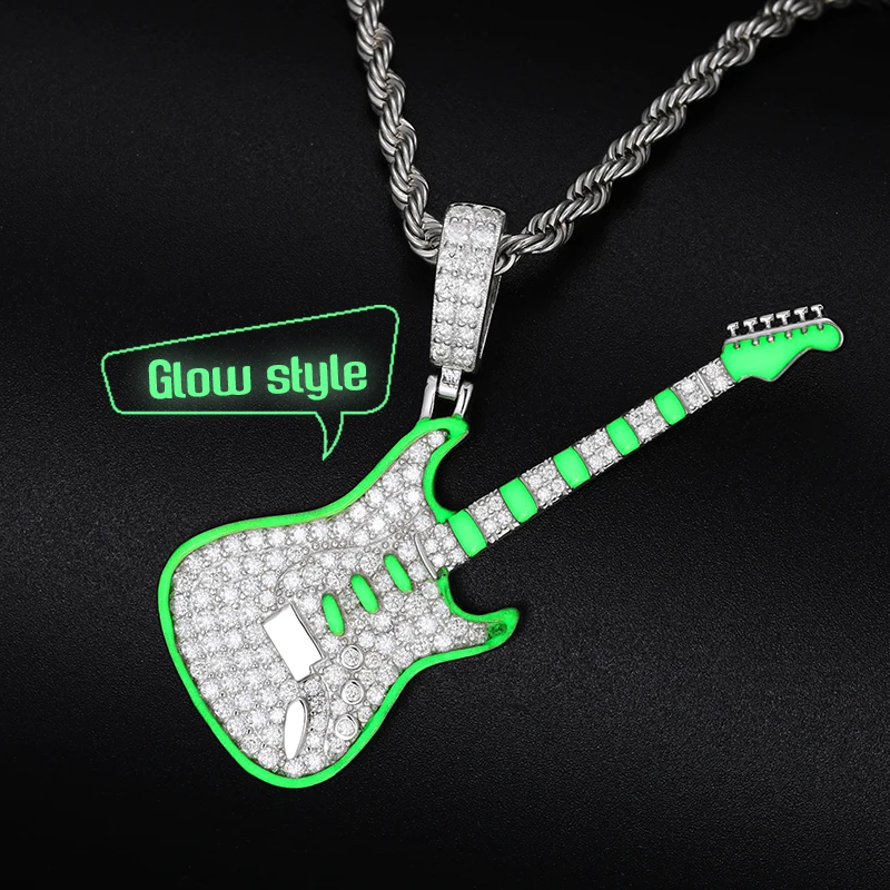 

Glow In The Dark Series 925 Sterling Silver VVS Moissanite Diamond Iced Out Guitar Pendant Necklace