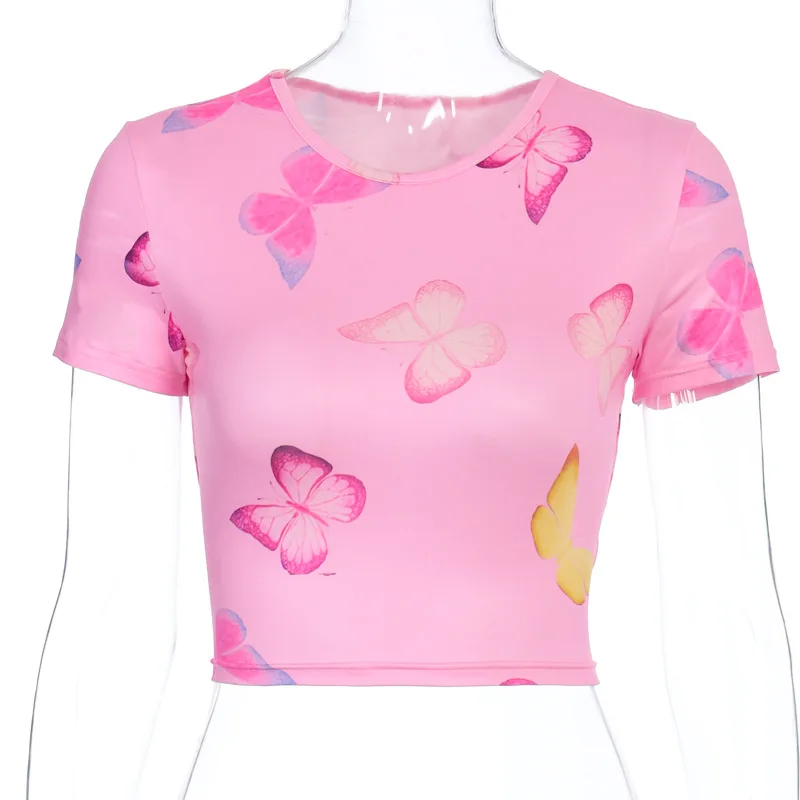 

2021 summer popular women's top butterfly print open navel short T-shirt