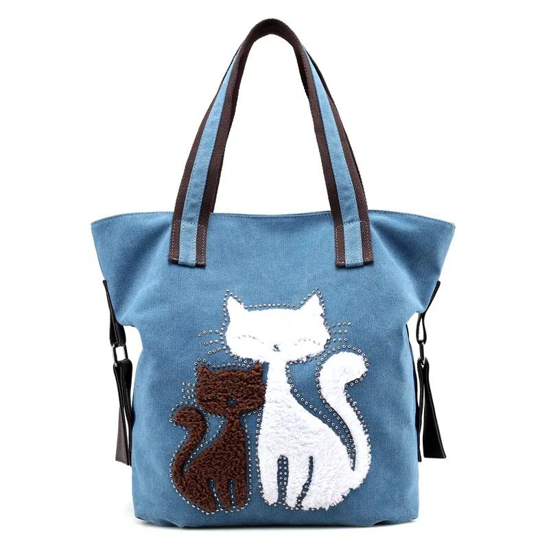 

New fashion versatile embroidered ladies canvas cross shoulder bag simple cute cat handbag