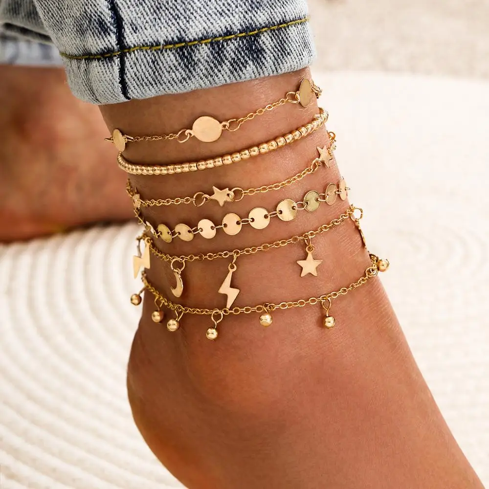 

HOVANCI Summer Beach Simple Moon Star Tassel Pearl Ankle Bracelet Multi-layer 6pcs /set Anklet Leg Chain Jewelry For Women, Gold