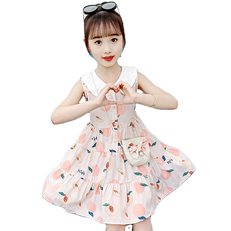 

Girl Floral Printing Dress Summer Sleeveless Cotton Cloth Dress Fashion Casual Simple Children Princess Dress