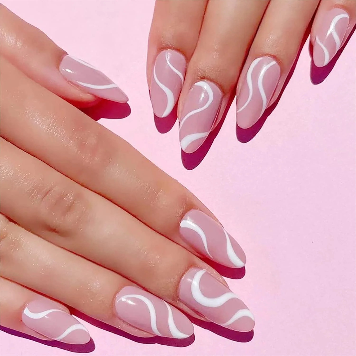 

Gorgels 24 Pcs Glossy Press on Nails Medium Stiletto Fake Nails Glossy Pink Swirl 2