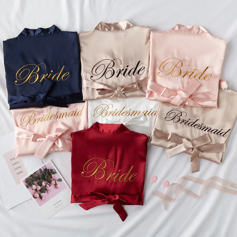 

Trendy Bridal Silk Night Robe Personalized Embroidery Bridesmaid Letter Robes Bathrobe Women Wedding Sleepwear Satin Long Robe, Picture shows