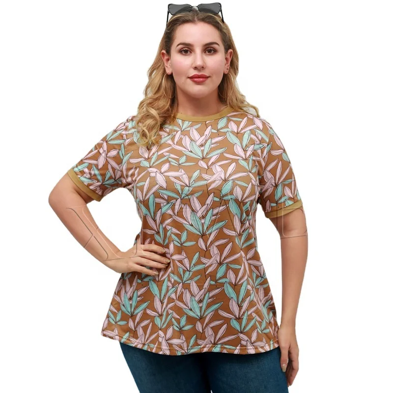 

Fashion casual plus size women tops half sleeve plus size t-shirt women big leaf pattern custom oversized women tshirt printing