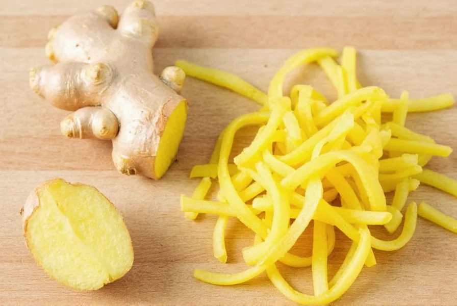 Close-up of hands mincing fresh ginger root on cutting board with sharp chef's knife showing proper technique