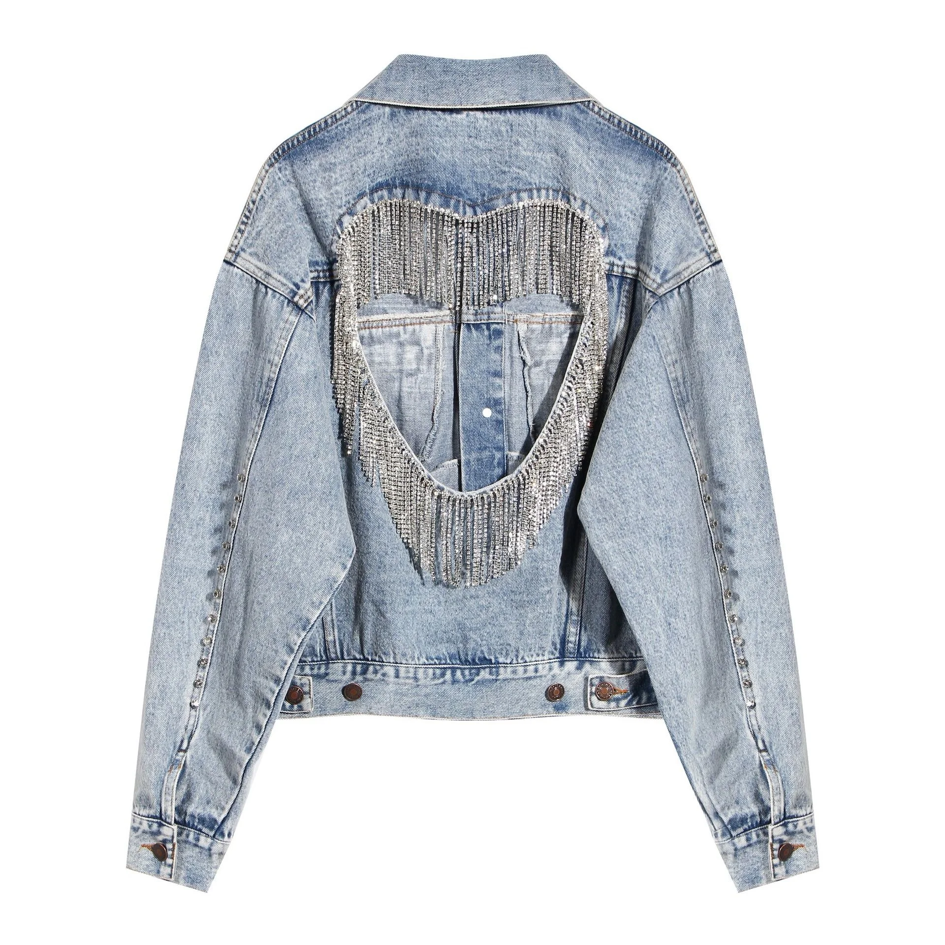 

2020 Rhinestone Border Tassel Chain Heart Back Hollowed Female Blue Denim Jean Women's Jackets