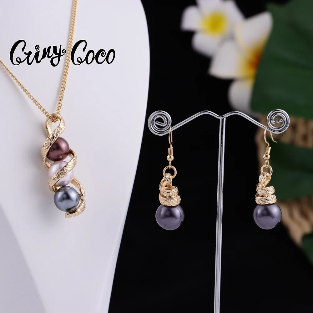 

Cring CoCo Fashion yellow pearl set customized Dropship Earings Necklace Polynesian jewelry wholesale Hawaiian Jewelry Set, Picture shows