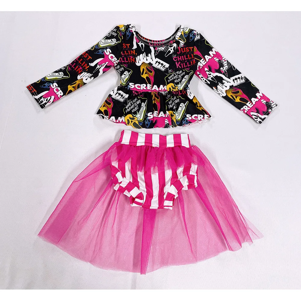

Girls Halloween Ruffle long sleeved shirt lace Tulle two-piece set shorts skirt, Pink, black, green, orange