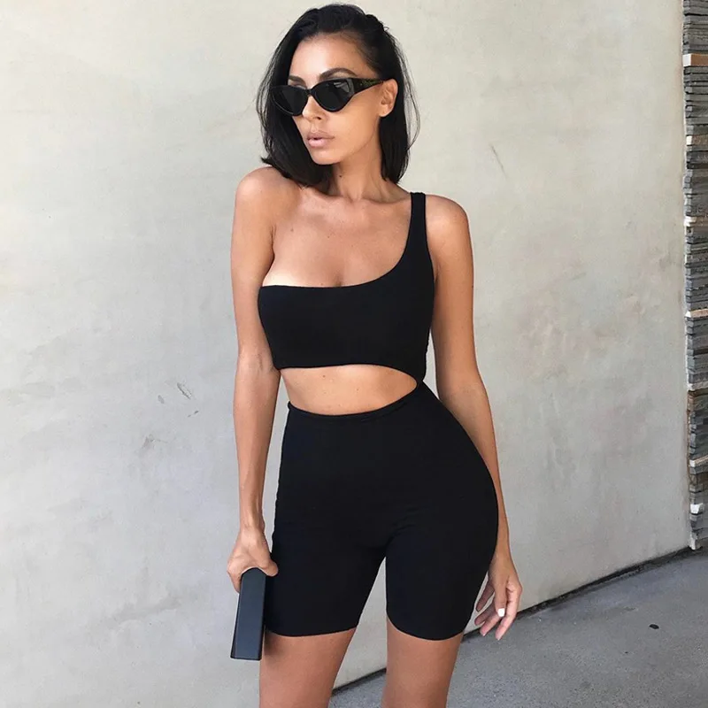 

2020 Summer Sexy New Fashion One shoulder Hollow Out Women Playsuit Wholesale Short Jumpsuit Bodycon Fitness Workout Romper