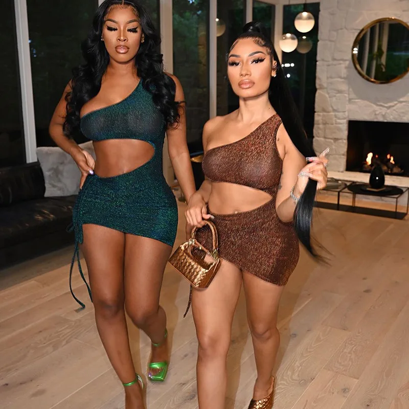 

2021 Shiny Summer One Shoulder Hollow Navel Pleated Irregular Party Club Dress