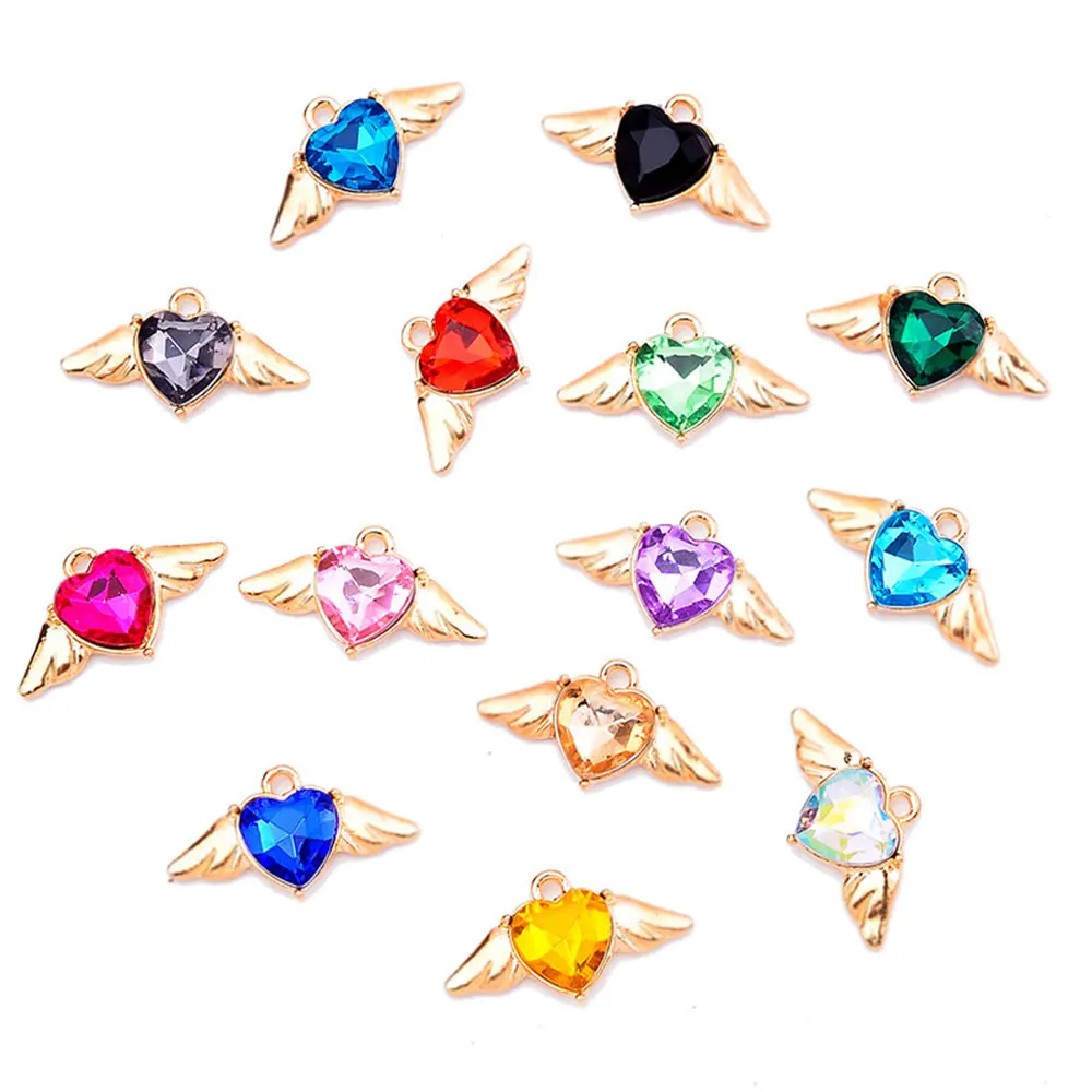 Assorted Color Cute Rhinestone Wing Heart Charms Metal Pendants Dangles Fashion Jewelry Accessories for DIY Handmade