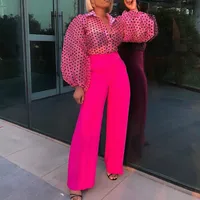 

Slim Long Sleeves Transparent Polka Dot Tops Wide Leg Pants Lady Suit
