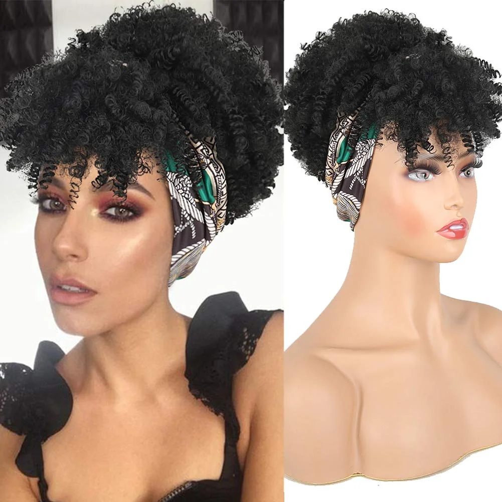 

SC Hot Selling Curly Wigs for Black Women Short Afro Kinky Curly Headbands Cheap Scarf Wig Turban Drawstring Afro High Puff