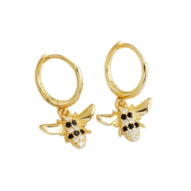 

Gold 925 Sterling Silver Diamond Animal Bee Charm Pendant Hoop Earring Delicate Huggie Hoops Earrings For Girls Jewelry