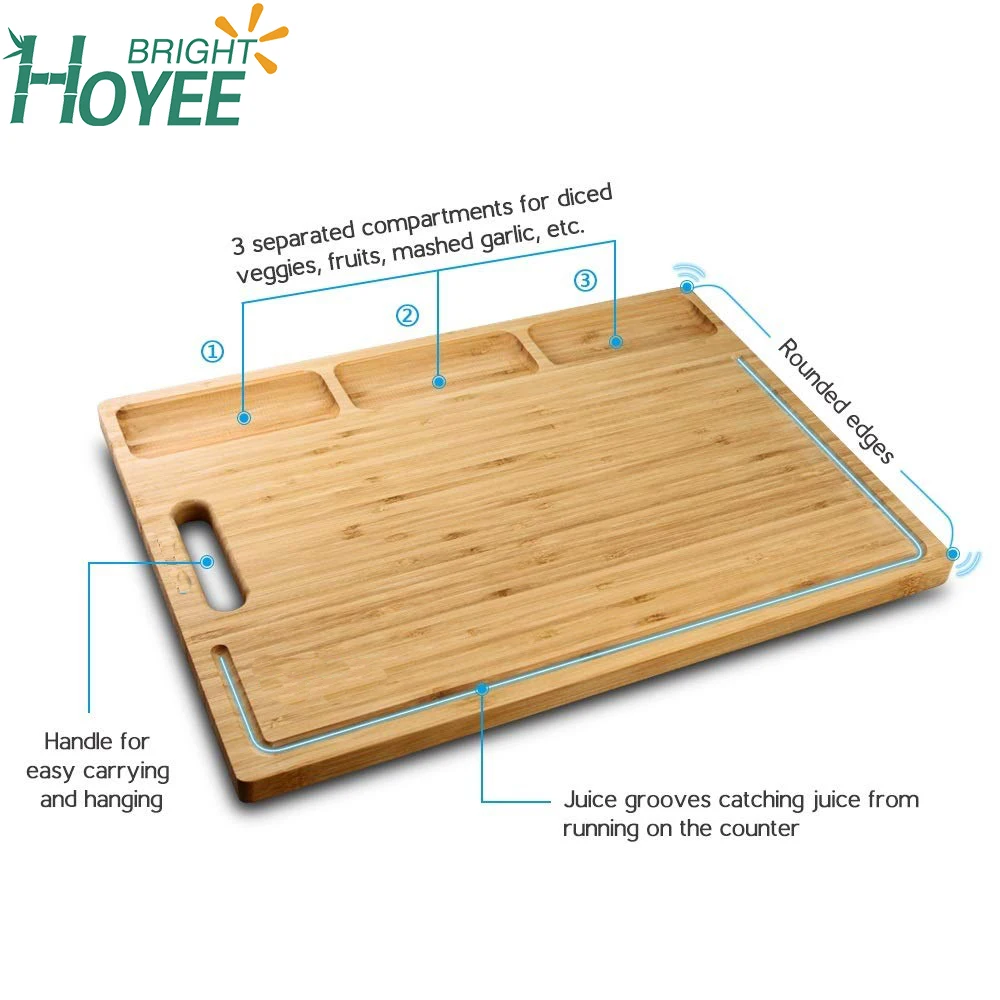 Kitchen Large Organic Bamboo Cutting Board With 3 Builtin Compartments