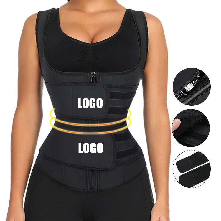 

Custom Logo Compression Double Belt Slim Tummy Control Body Shaper Lose Weight Latex Waist Trainer Vest, Black